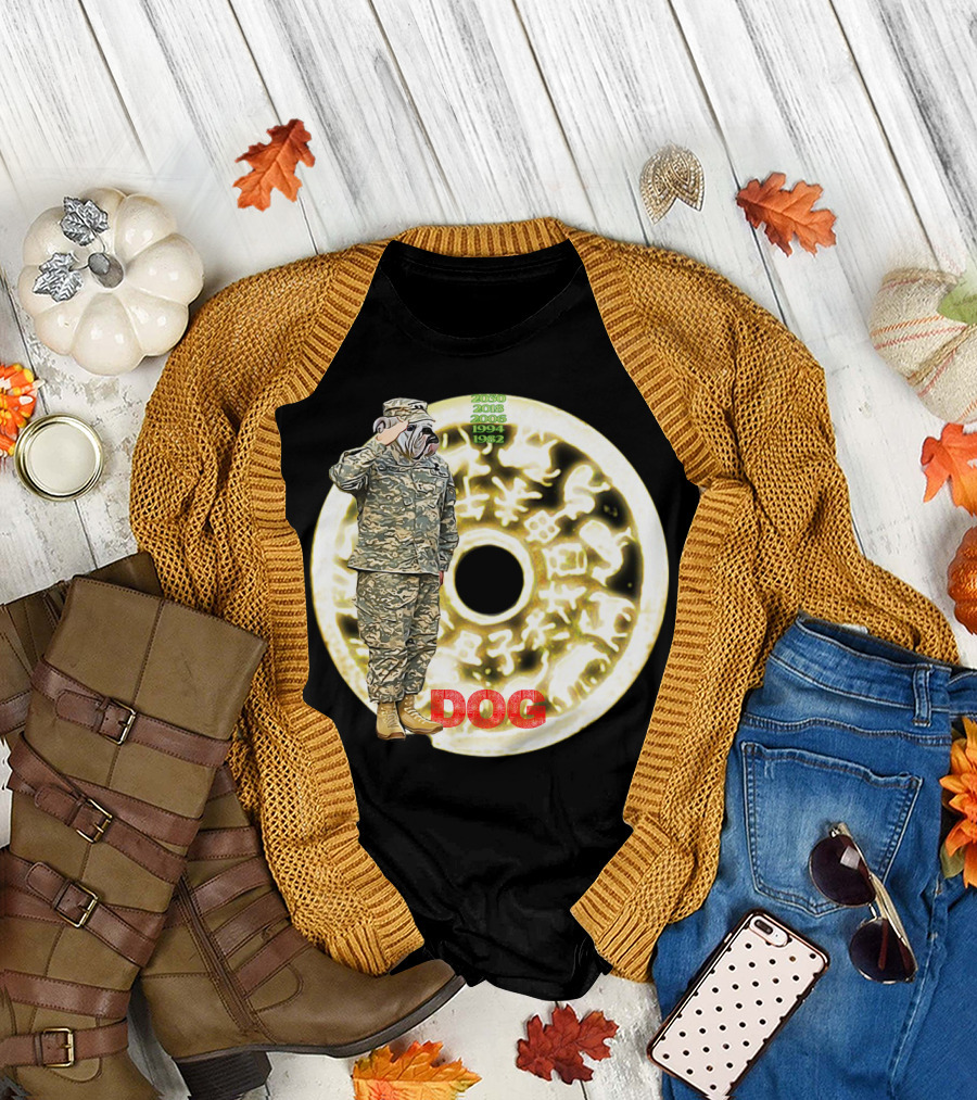 Saluting Bulldog Soldier with Year of the DOG and Chinese Zodiac Symbols T-Shirt