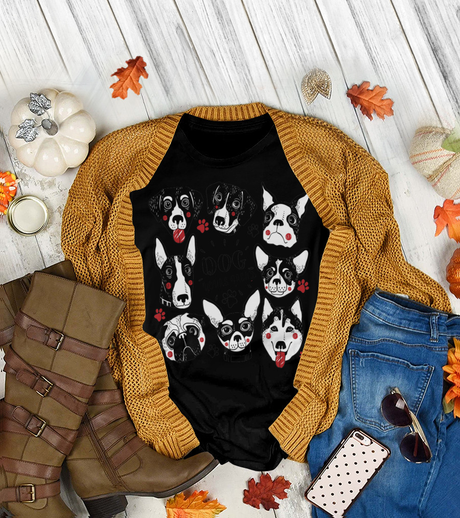Dog Yours Frend Black and White Dog Faces with Red Accents and Paw Prints T-Shirt