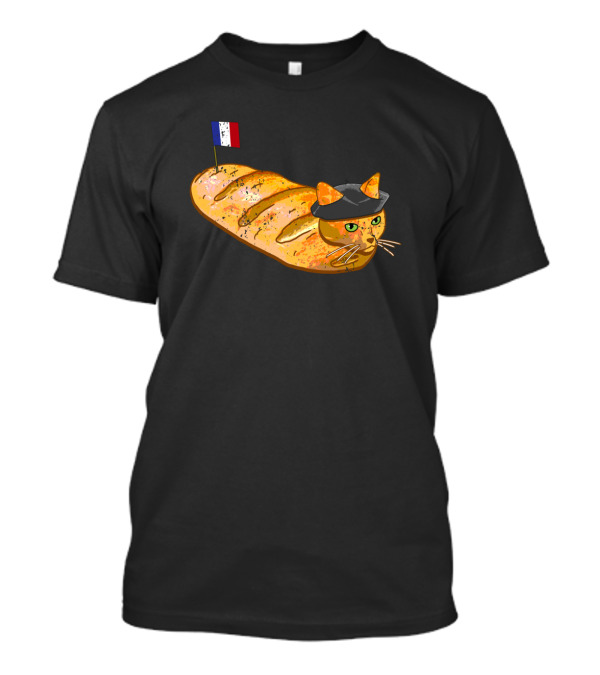 French Bread Cat Loaf Wearing Beret With French Flag T-Shirt