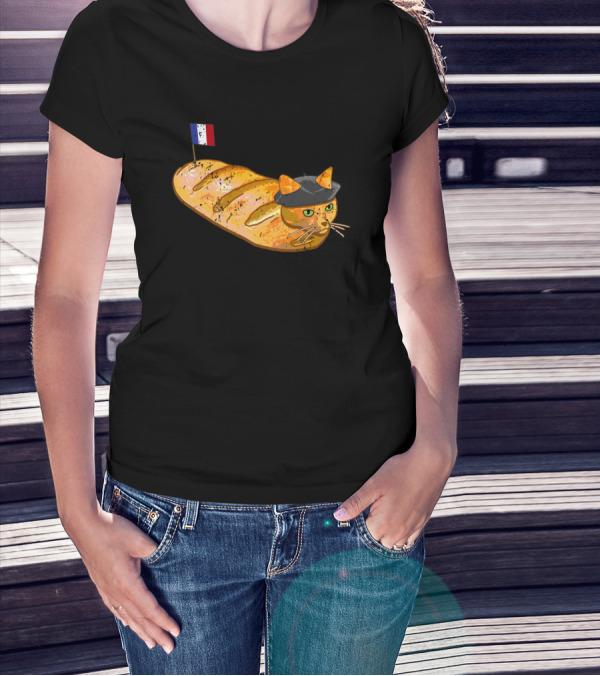 French Bread Cat Loaf Wearing Beret With French Flag T-Shirt