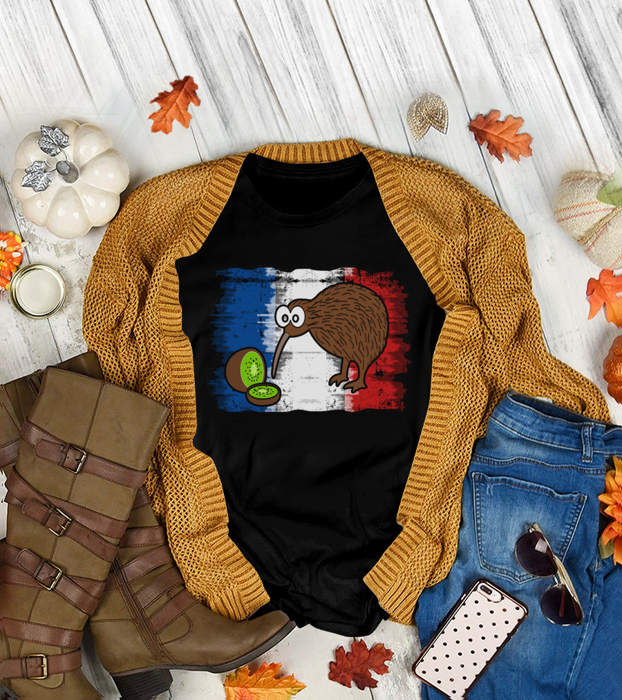 French Kiwi Bird with Kiwi Fruit on French Flag Background T-Shirt