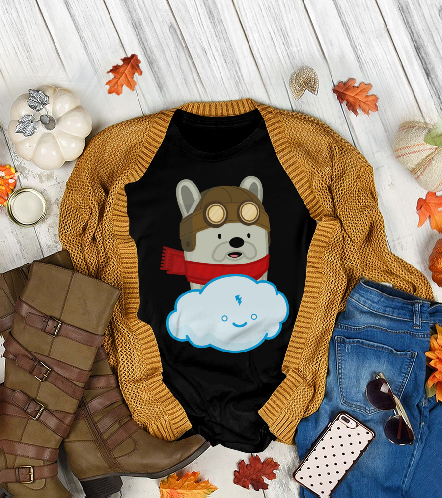 Flying French Bulldog Pilot with Aviator Goggles and Red Scarf Above Smiling Lightning Cloud T-Shirt