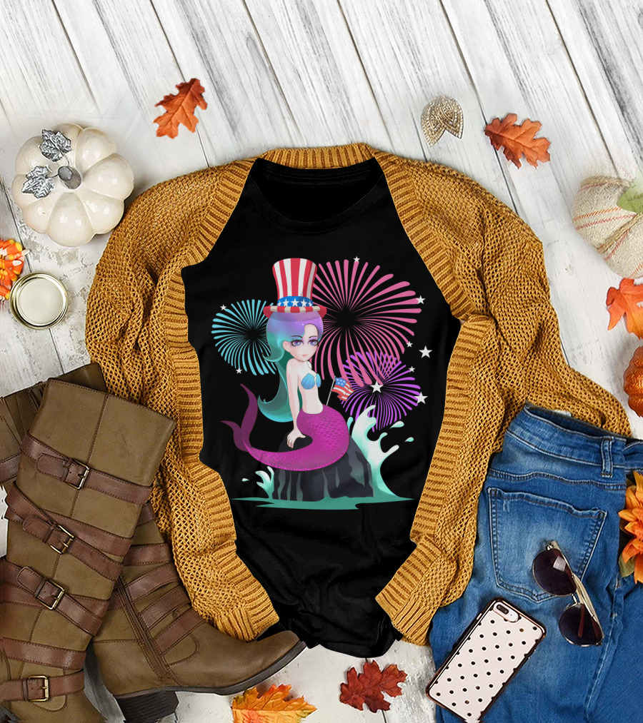 Patriot Mermaid with American Flag and Fireworks for Independence Day T-Shirt