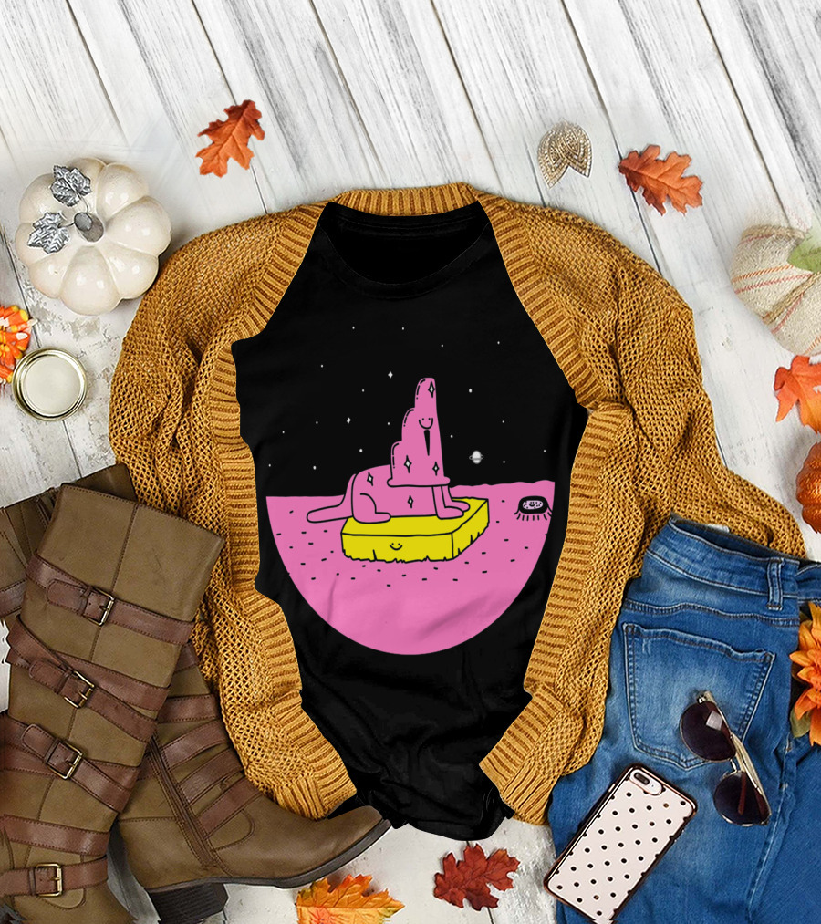 Pink Dingo on Yellow Sponge Floating in Starry Night with Saturn and Patterned Object T-Shirt
