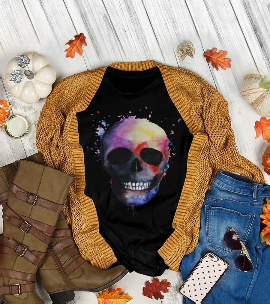 Vibrant Multicolor Skull with Abstract Splash Effects T-Shirt