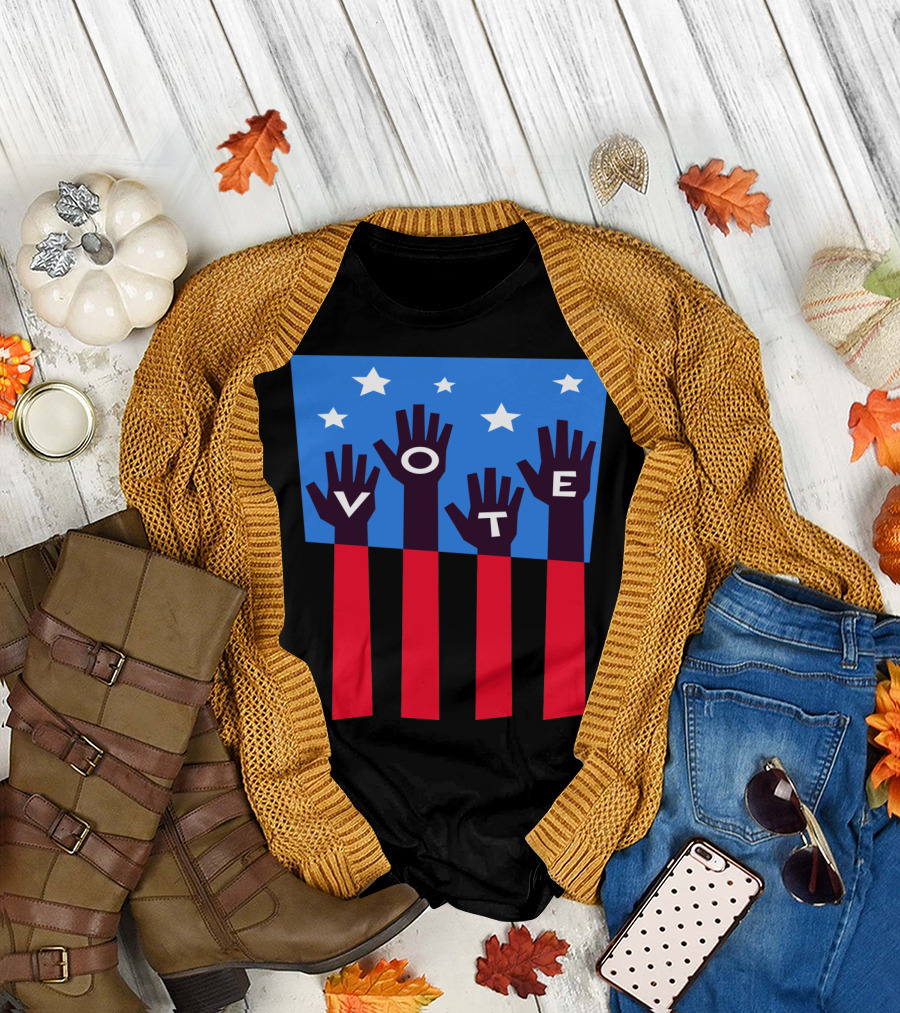 Vote Hands Design with Stars and Stripes Flag Motif T-Shirt