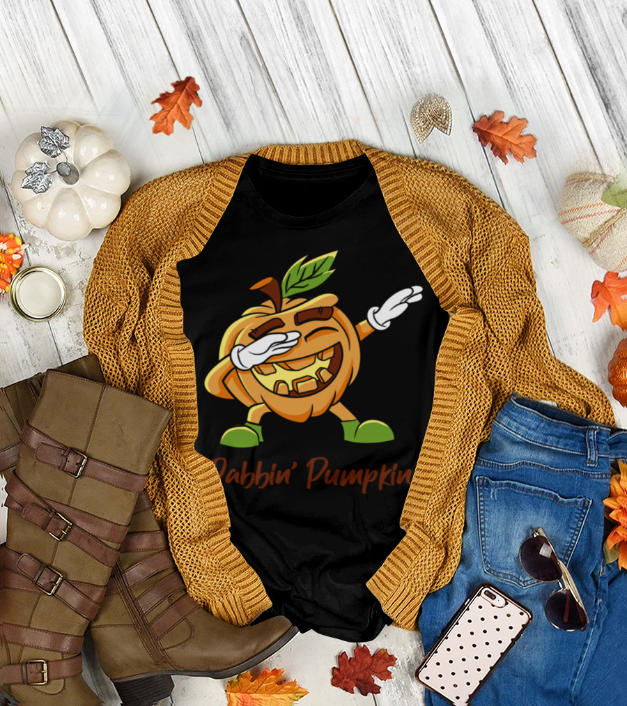 Dabbin Pumpkin Character Featuring Playful Pose and Leafy Green Boots T-Shirt