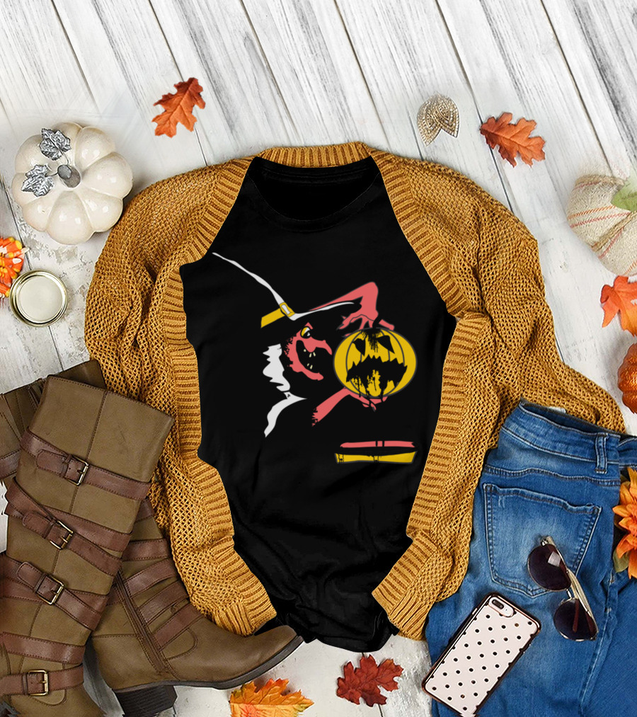 Witch Holding Dripping Jack-o'-Lantern with Black Hat and Cauldron T-Shirt