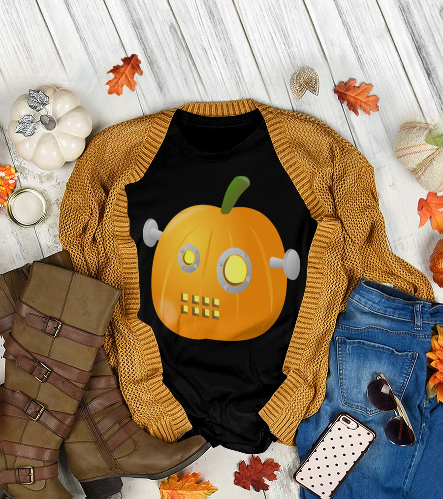 Pumpkin Bot with Robot Eyes and Bolts T-Shirt