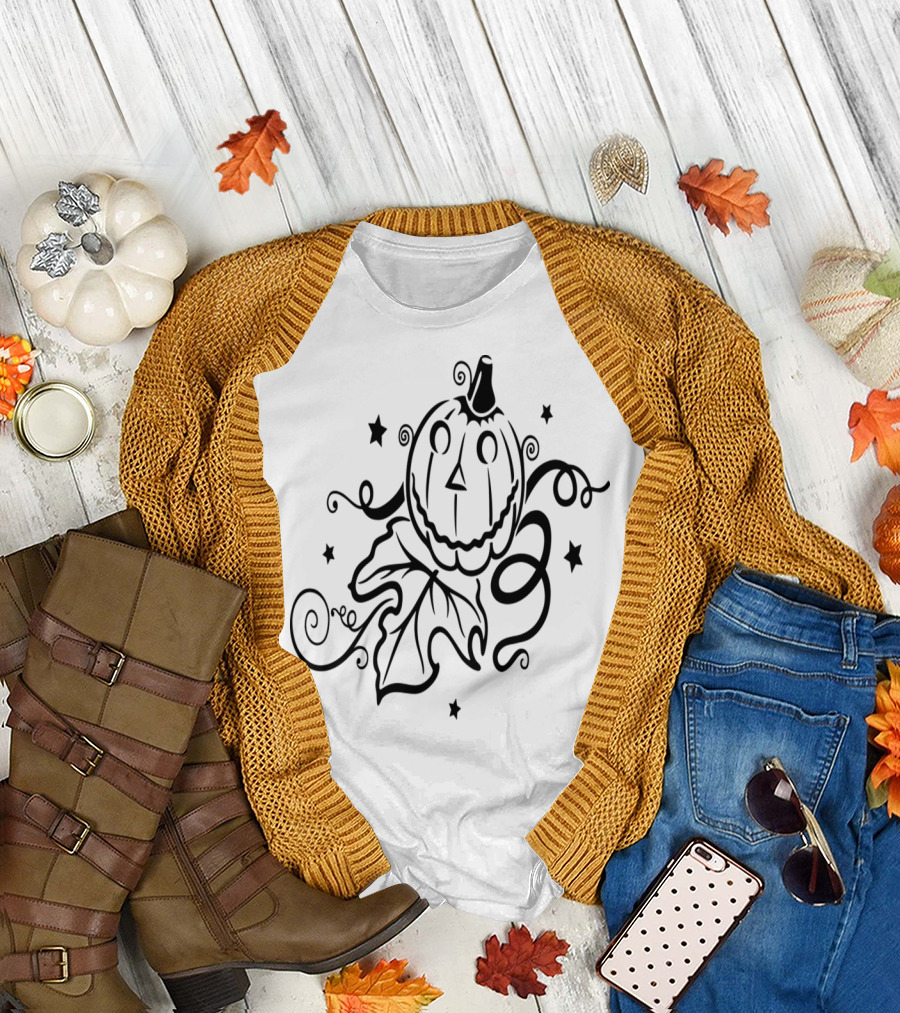 Whimsical Halloween Pumpkin with Stars and Swirling Vines T-Shirt