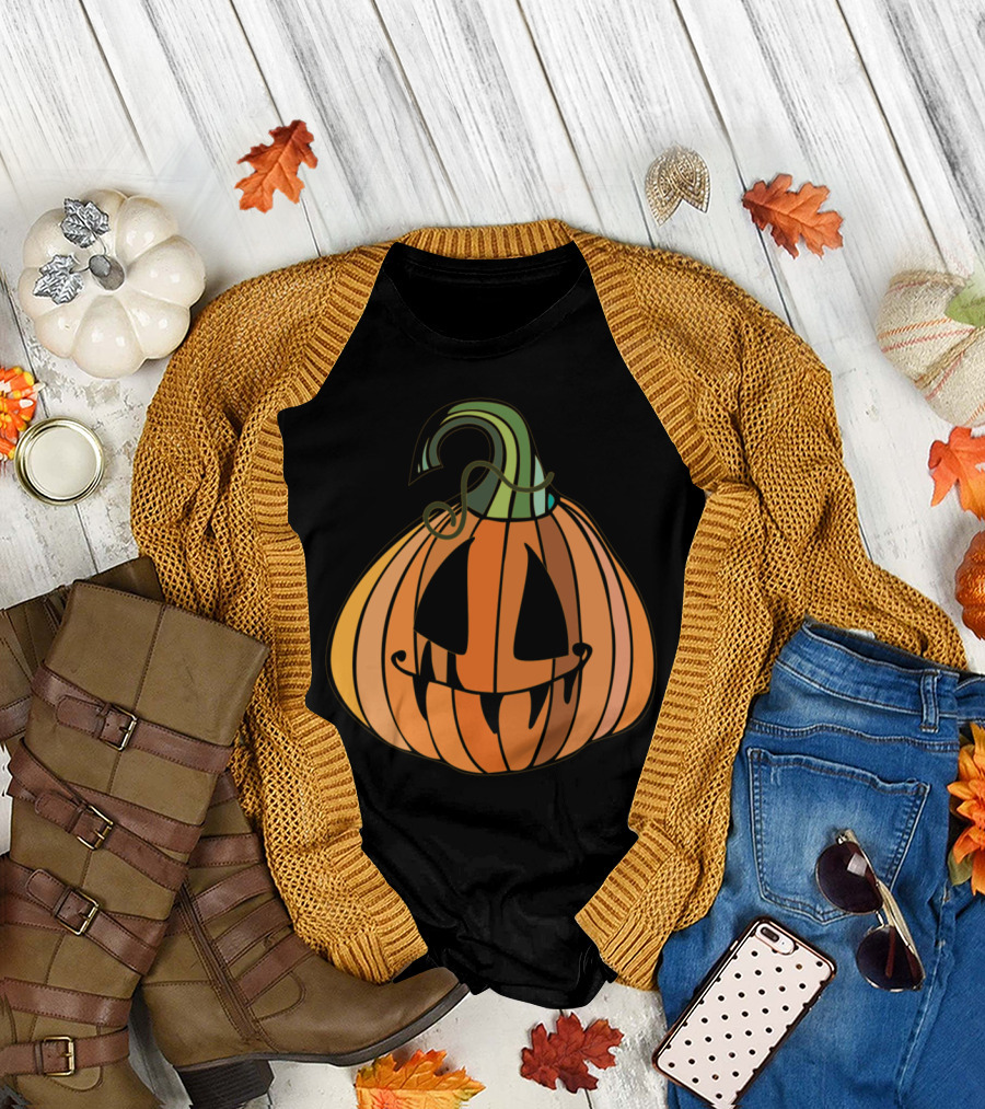 Sad Pumpkin Halloween Cartoon Face with Dripping Black Eyes and Wavy Stem T-Shirt