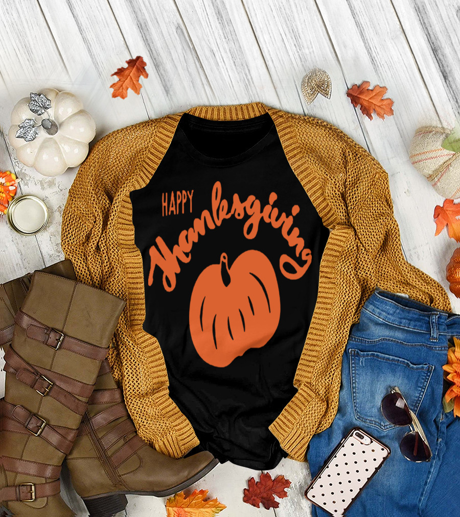 Happy Thanksgiving Pumpkin Orange Text with Pumpkin T-Shirt
