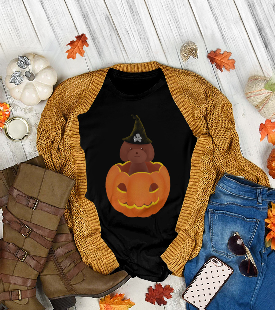 Halloween Bear with Witch Hat in Pumpkin with Skull Emblem T-Shirt