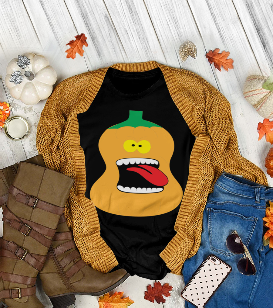 Cartoon Crazy Halloween Pumpkin with Funny Face and Sticking Out Tongue T-Shirt