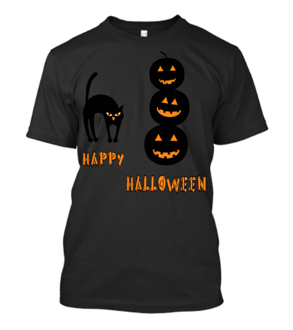 Happy Halloween Smiling Pumpkins And Black Cat T-Shirt