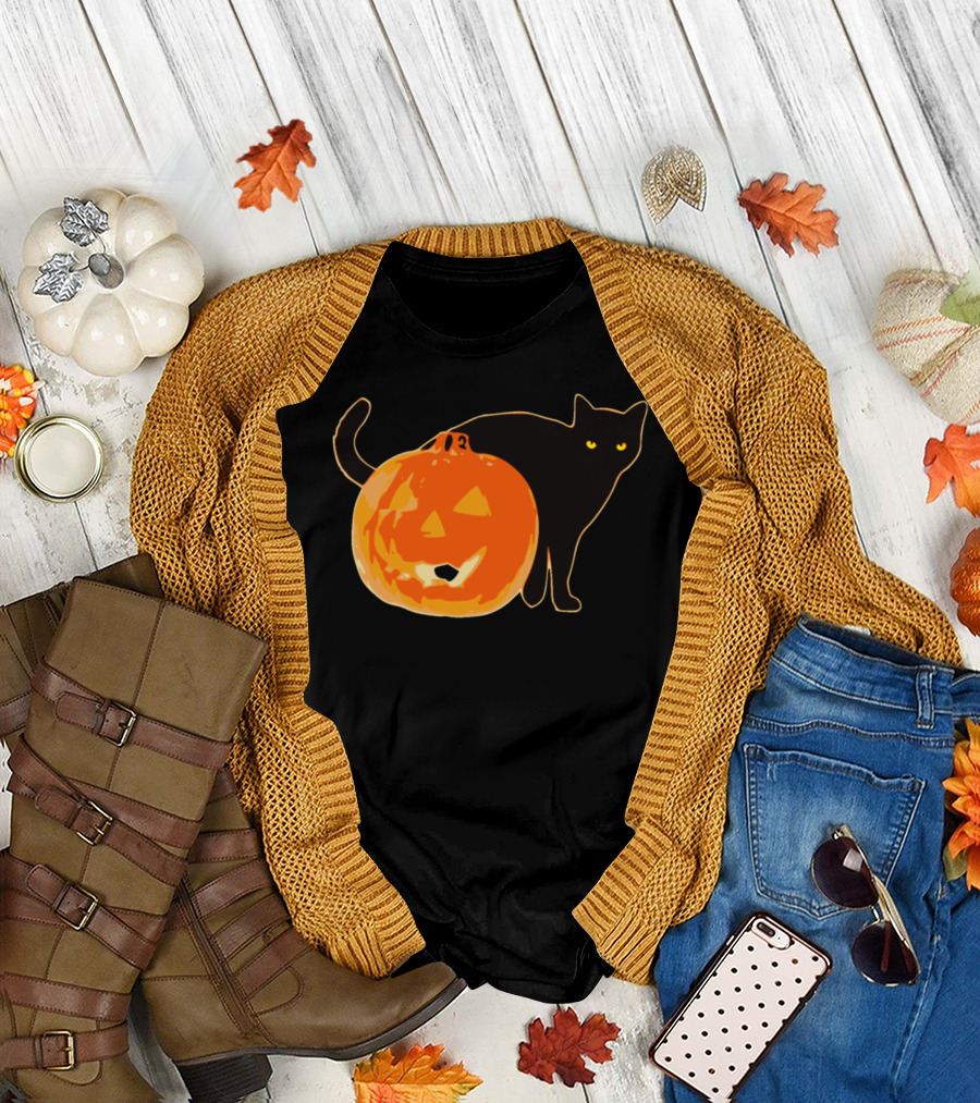 Halloween Black Cat Pumpkin Jack o Lantern T-Shirt