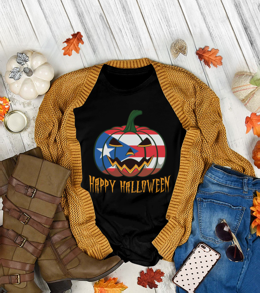 Happy Halloween Puerto Rican Flag Pumpkin T-Shirt