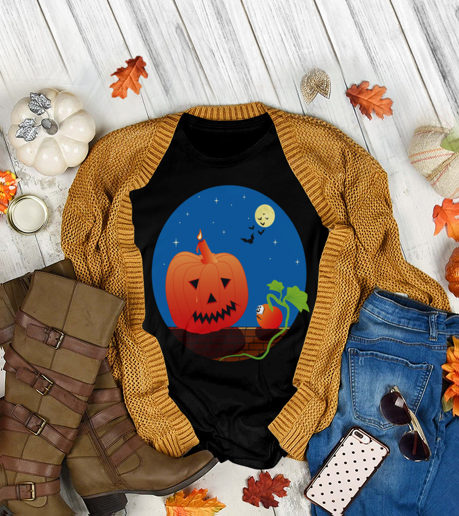 Halloween Pumpkin with Little Sad Pumpkin Under Moonlit Night Sky T-Shirt