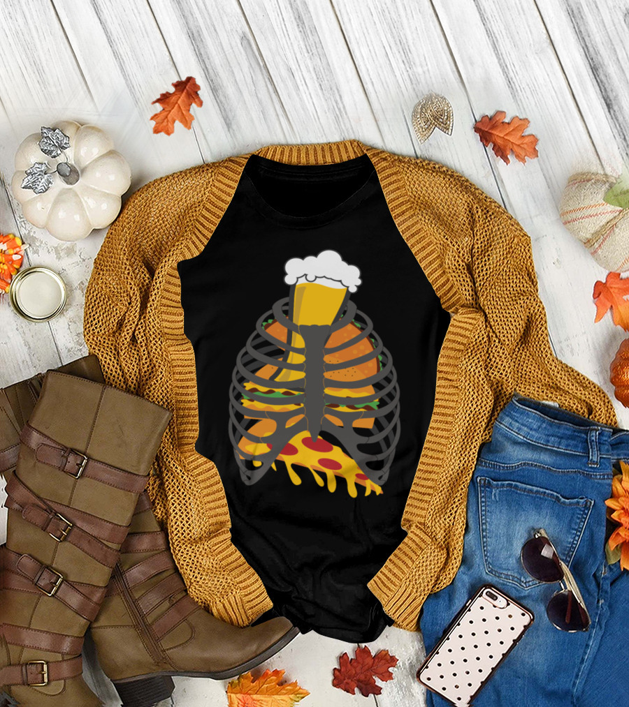 Frat Guy Skeleton Rib Cage with Beer and Pizza T-Shirt
