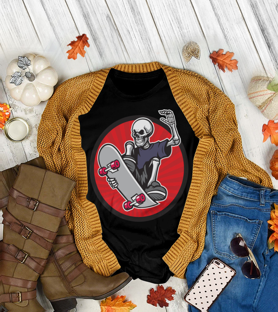 Skeleton Skateboarder Trick Red Circle T-Shirt