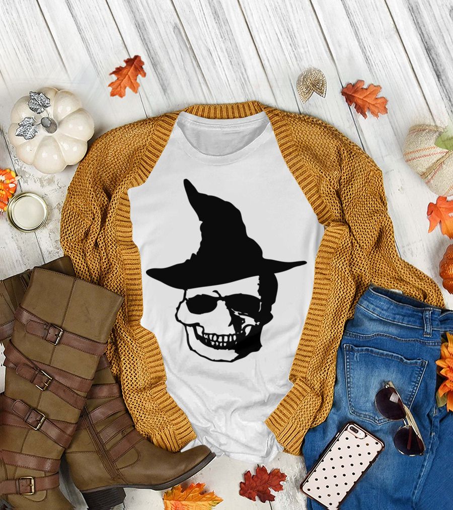 Halloween Skull With Witch Hat Spooky T-Shirt