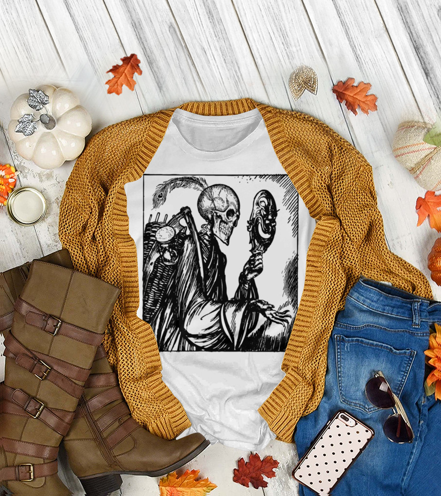 Death Comes Calling Skeleton Holding Mask T-Shirt