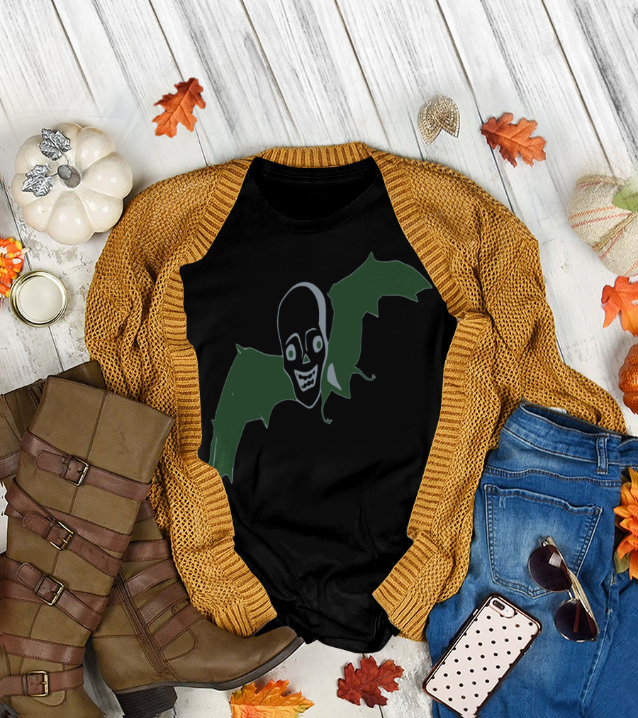 Skull Bat Green Wings Skeleton Face T-Shirt