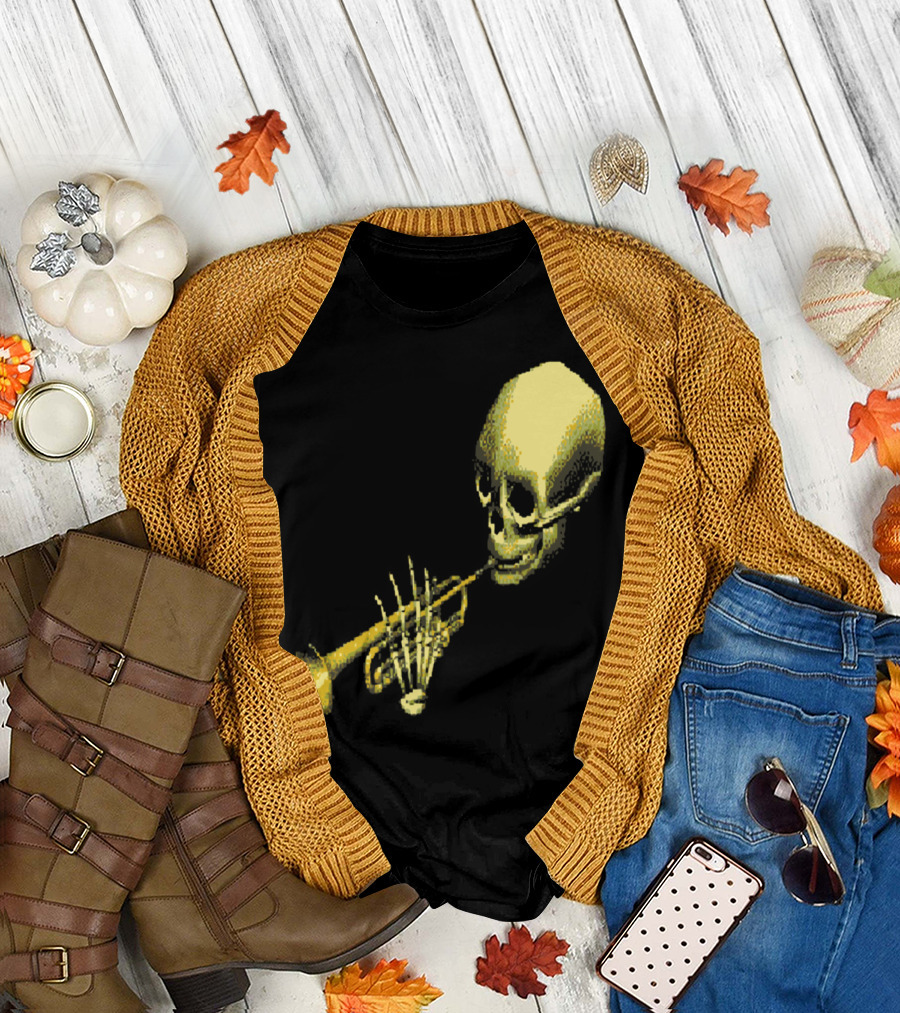 DootEvents Skull Trumpet Skeleton Retro 8-Bit Halloween Meme T-Shirt