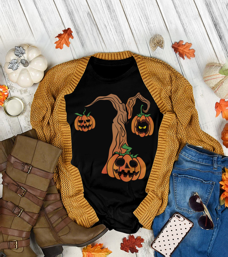 Halloween Pumpkins Horror Scary Monster with Zombie Tree T-Shirt