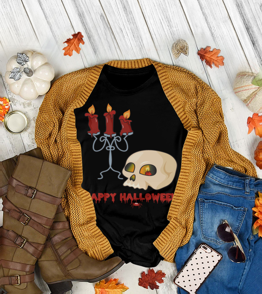 Happy Halloween Monster Zombie Horror Skull Bone Candle T-Shirt