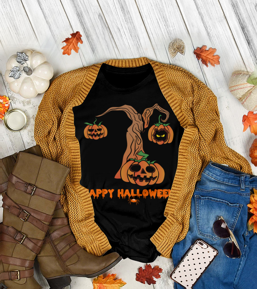 Happy Halloween Pumpkin Monster Tree Scary Face T-Shirt