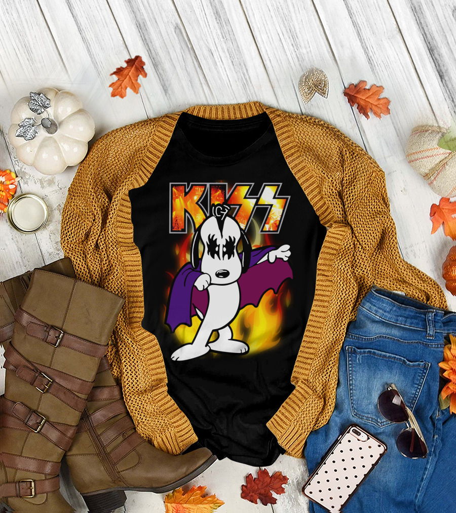 KISS Snoopy Peanuts Mashup with Flames and Comic T-Shirt