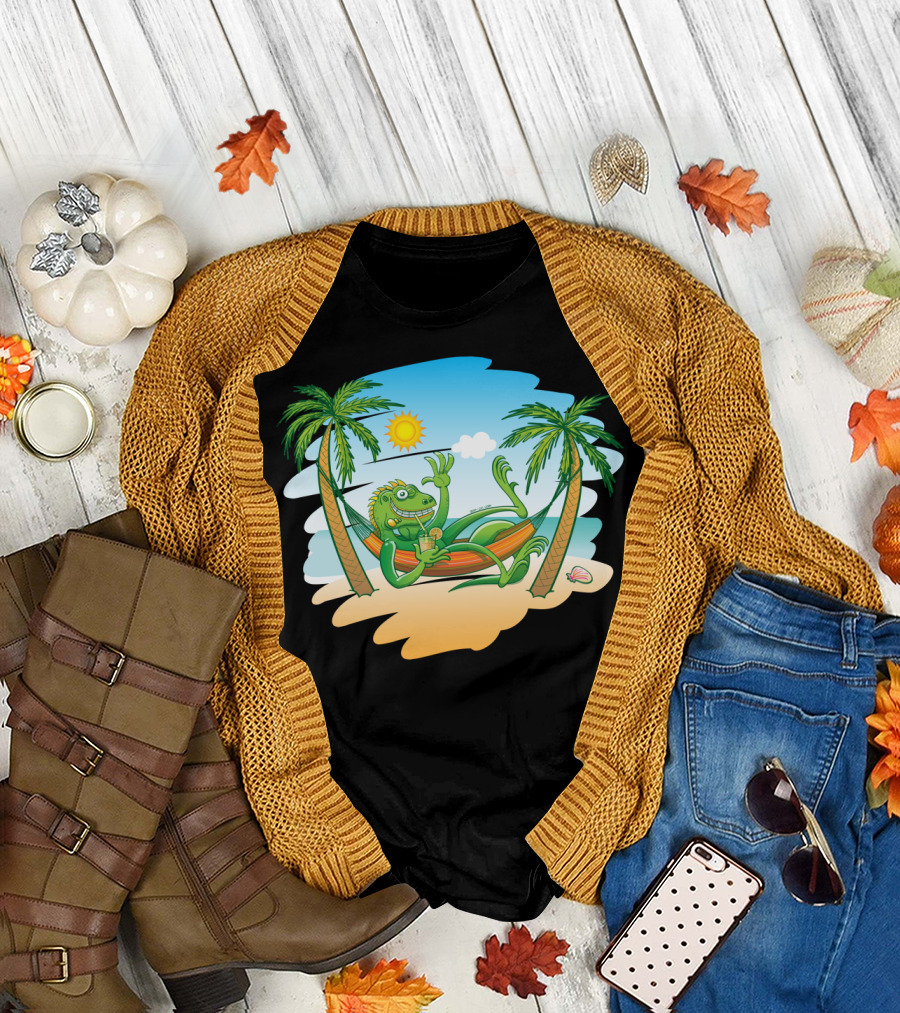 Iguana Relaxing in Hammock Between Palm Trees on Sunny Beach Scene T-Shirt