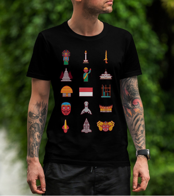 Indonesian Cultural Icons: Traditional Buildings, Masks, And National Flag Compilation T-Shirt