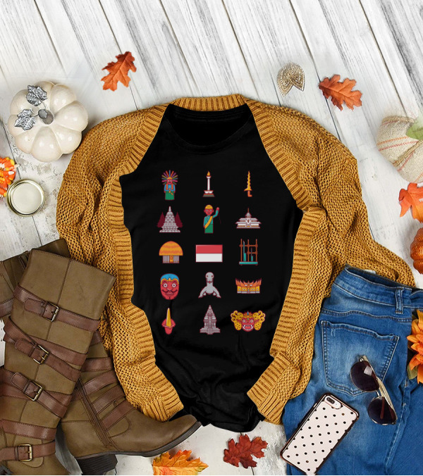 Indonesian Cultural Icons: Traditional Buildings, Masks, And National Flag Compilation T-Shirt