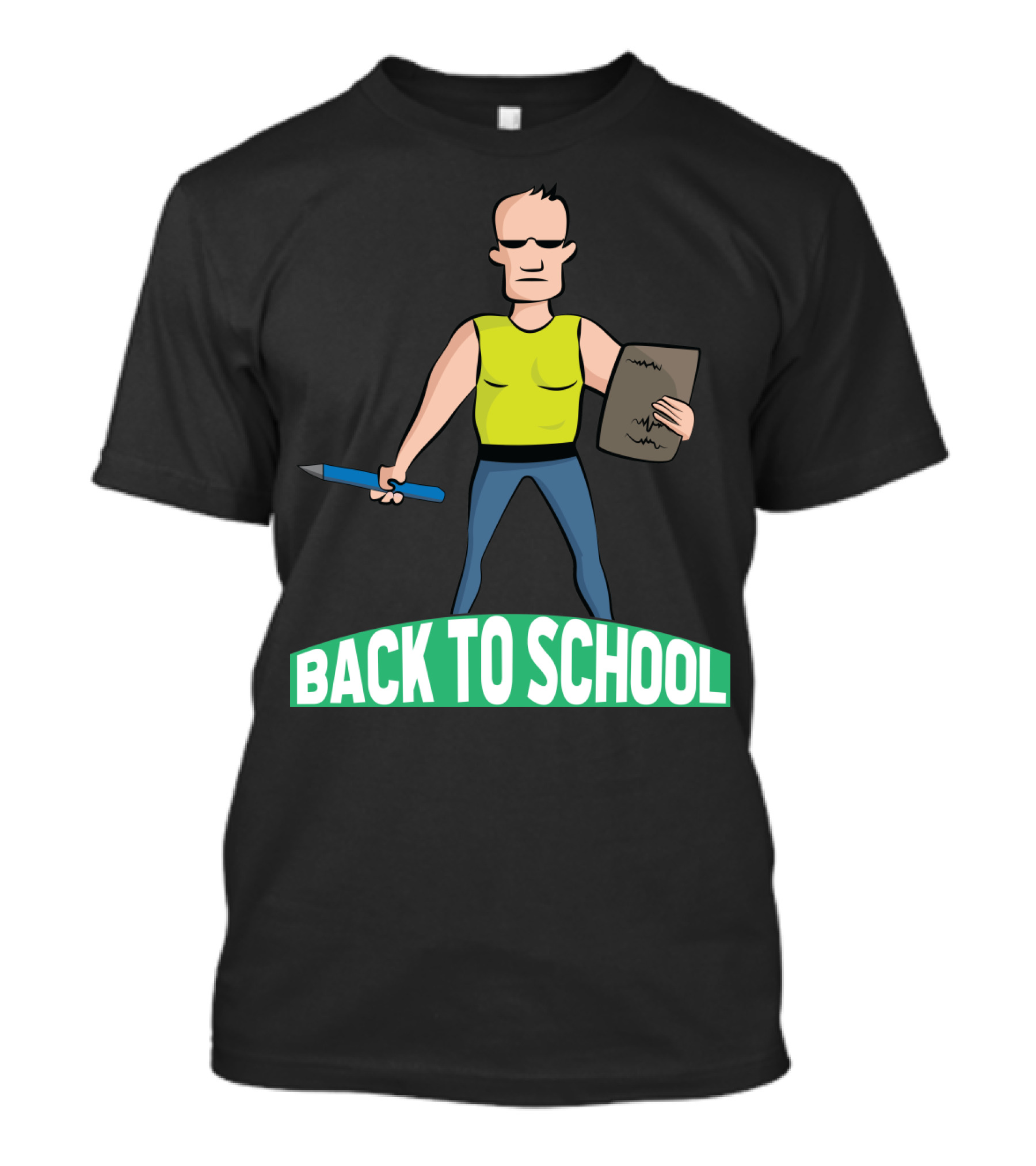 Back To School Tough Teacher Cartoon Character With Pencil And Clipboard T-Shirt