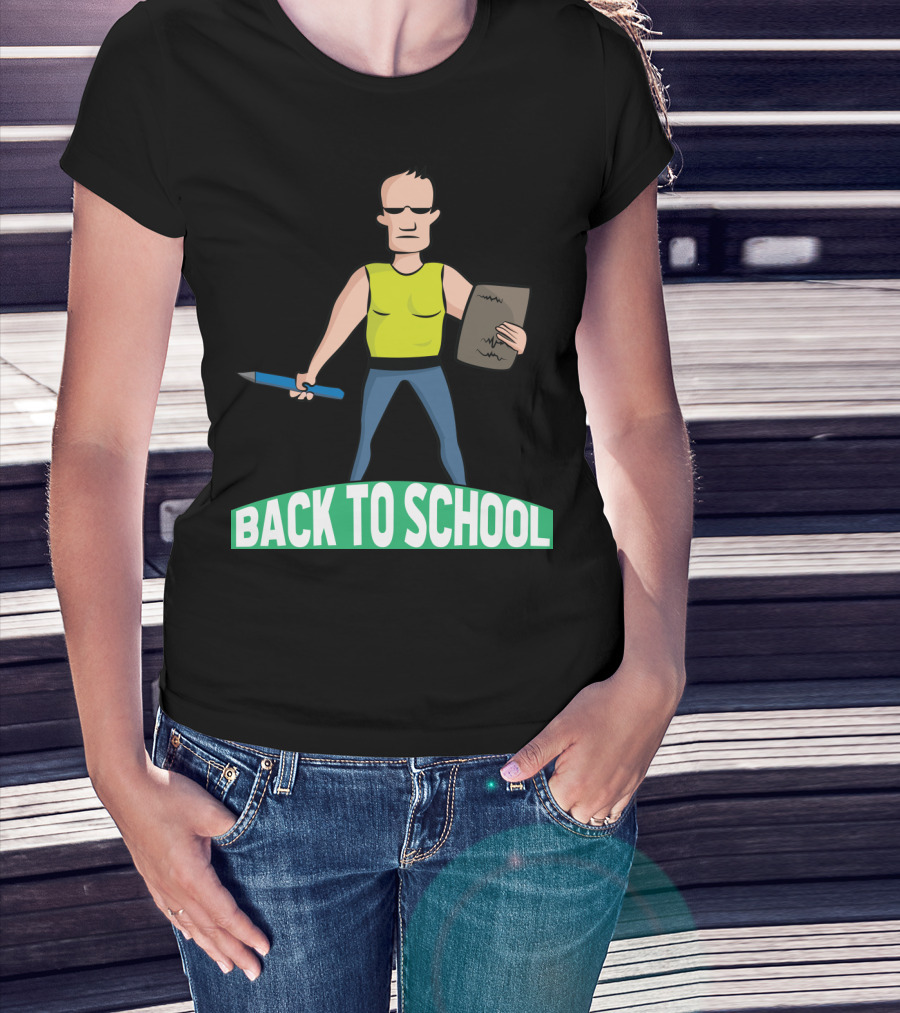 Back To School Tough Teacher Cartoon Character With Pencil And Clipboard T-Shirt