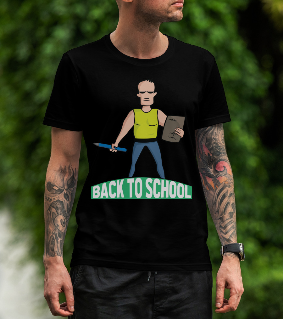Back To School Tough Teacher Cartoon Character With Pencil And Clipboard T-Shirt