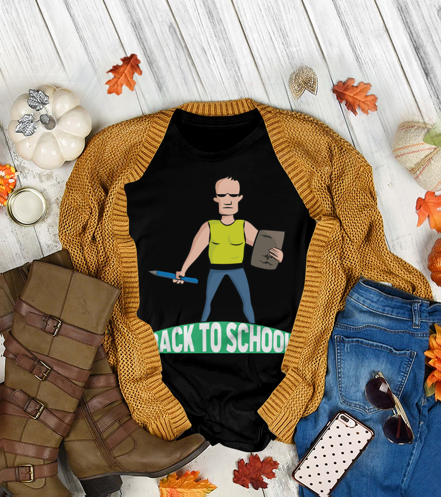 Back To School Tough Teacher Cartoon Character With Pencil And Clipboard T-Shirt