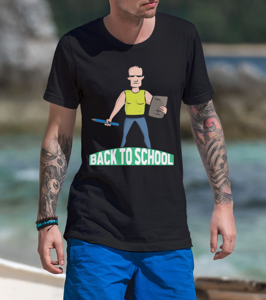 Back To School Tough Teacher Cartoon Character With Pencil And Clipboard T-Shirt