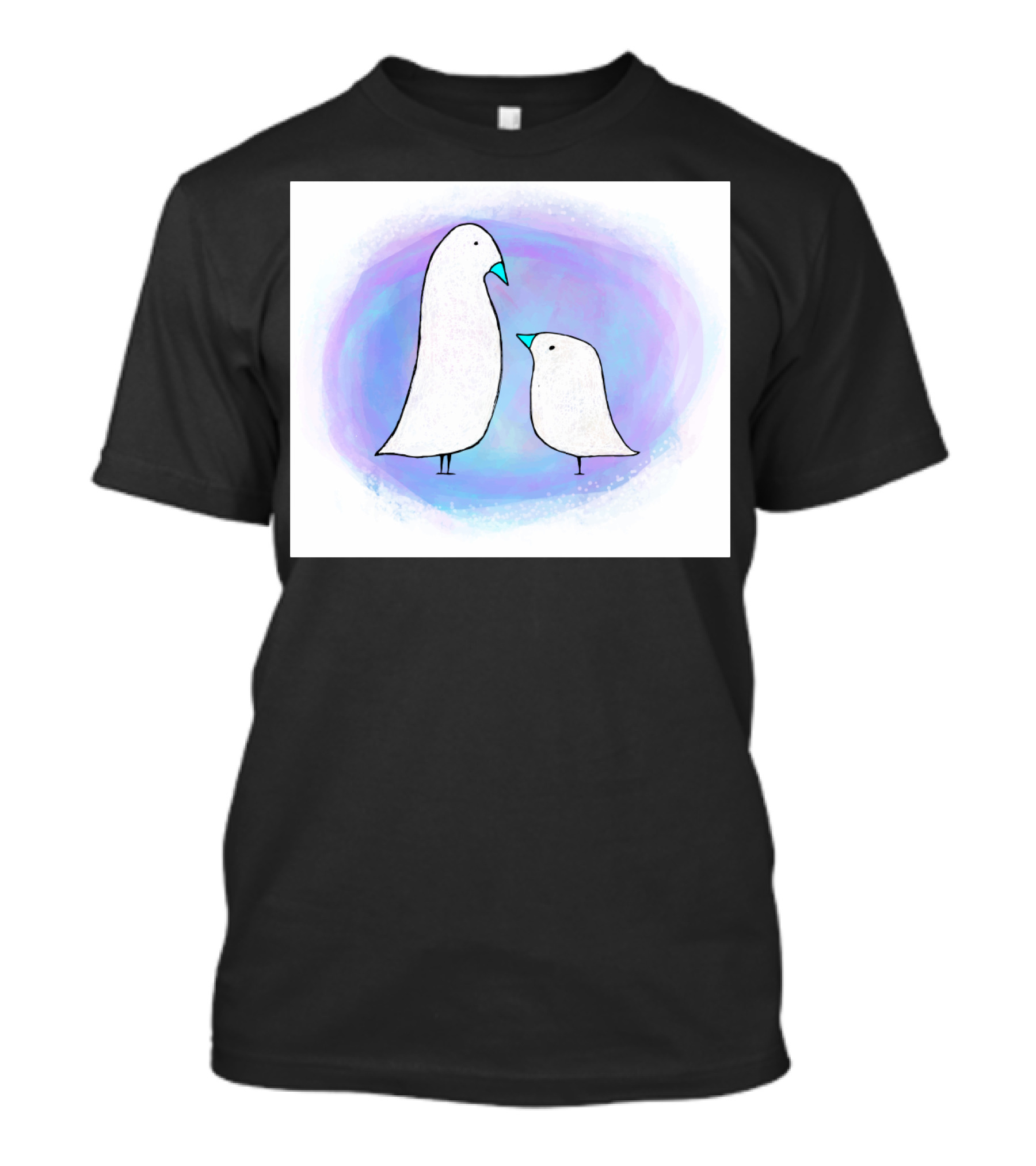 Baby Bird With Parent Minimalist Art In Soft Purple Blue Ombre Background T-Shirt