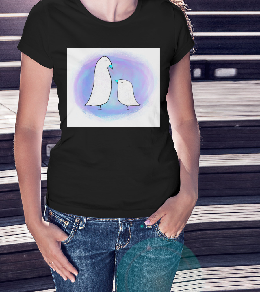 Baby Bird With Parent Minimalist Art In Soft Purple Blue Ombre Background T-Shirt