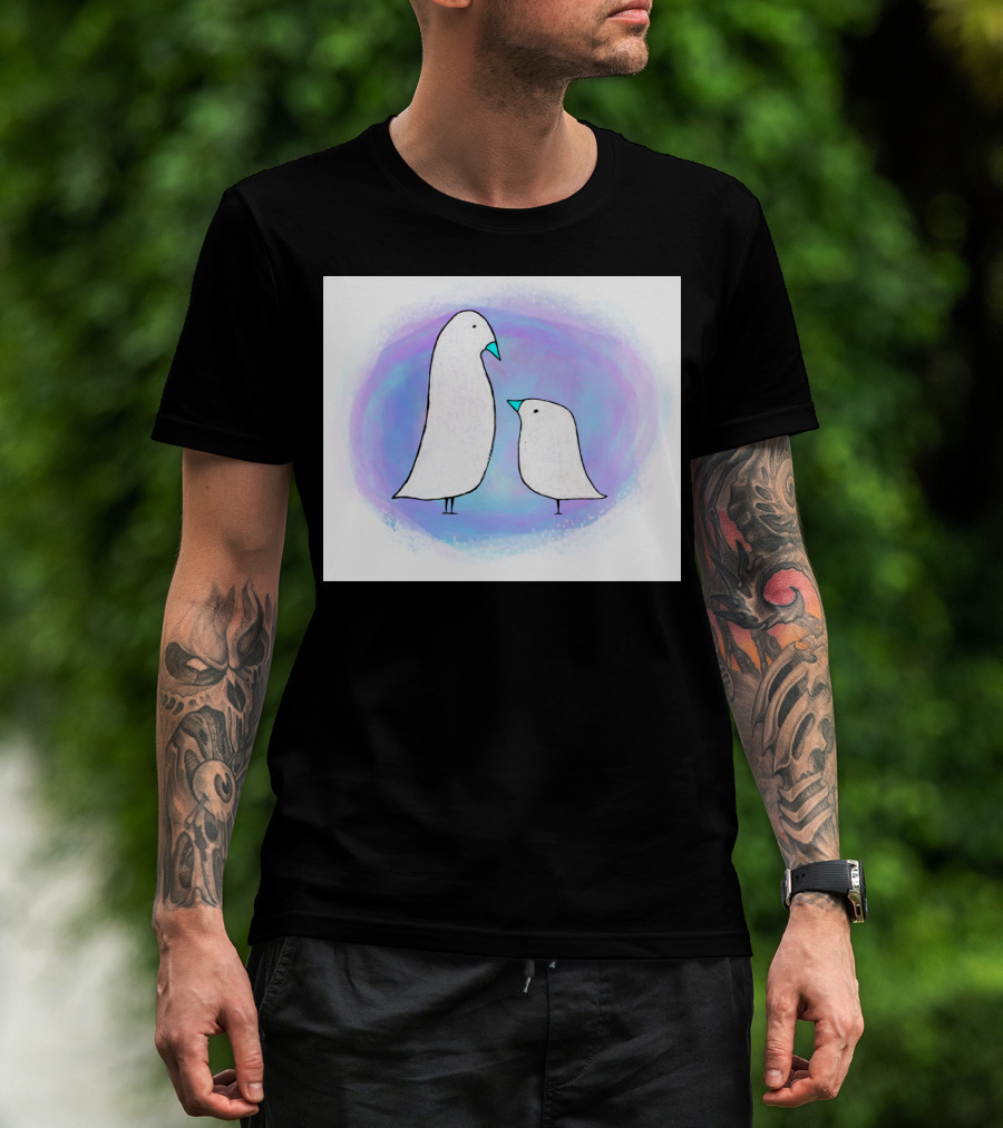 Baby Bird With Parent Minimalist Art In Soft Purple Blue Ombre Background T-Shirt