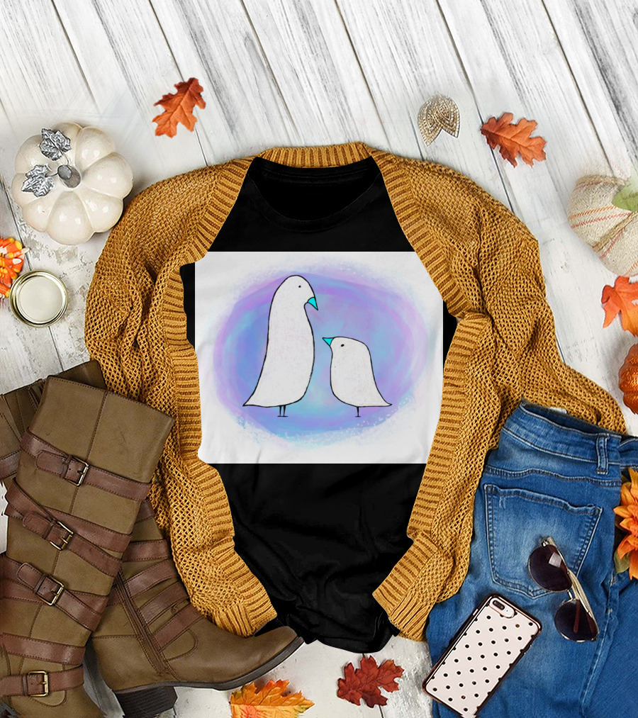 Baby Bird With Parent Minimalist Art In Soft Purple Blue Ombre Background T-Shirt