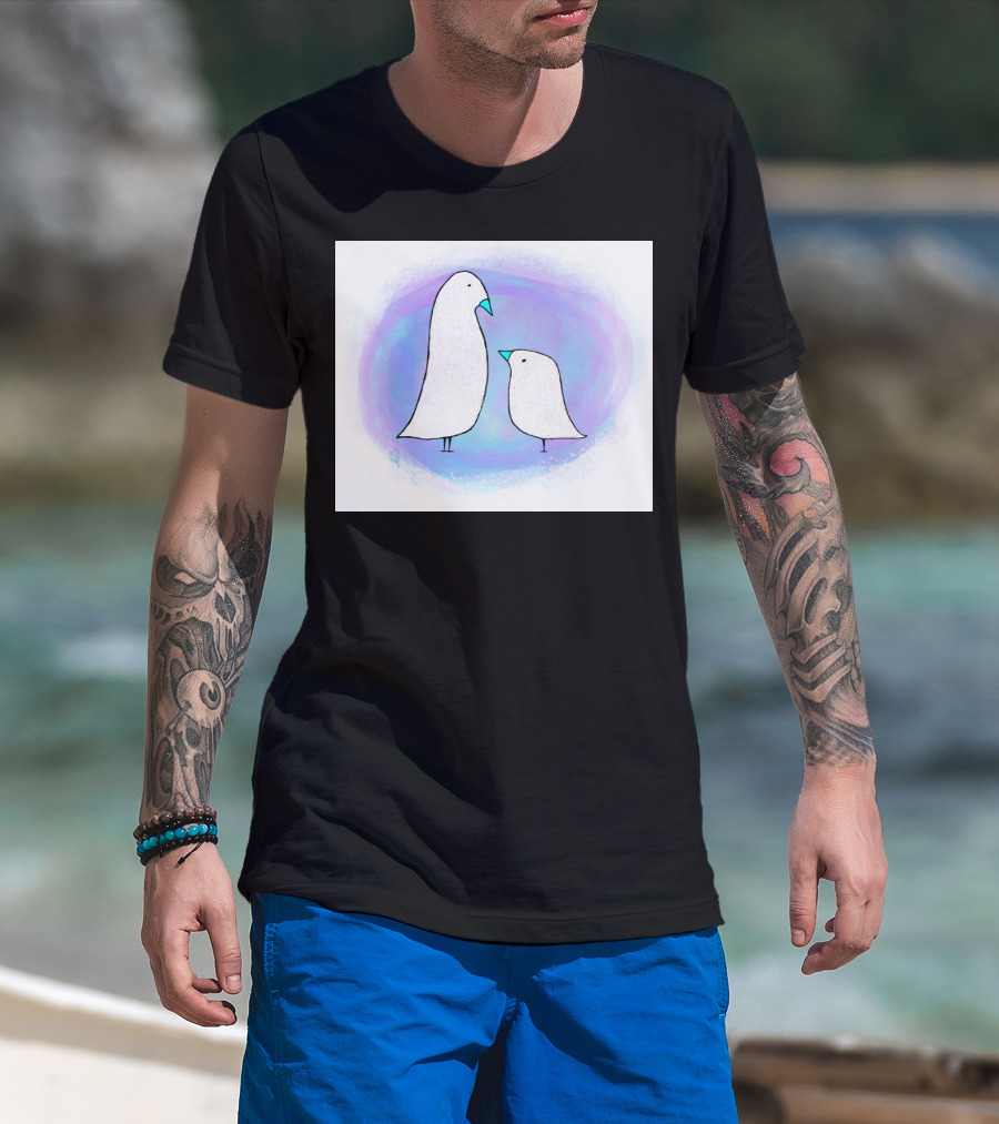 Baby Bird With Parent Minimalist Art In Soft Purple Blue Ombre Background T-Shirt