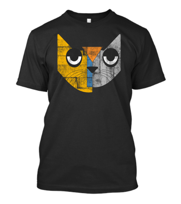 Cubicat Tired Geometric Cat Face With Color Blocks And Whiskers T-Shirt