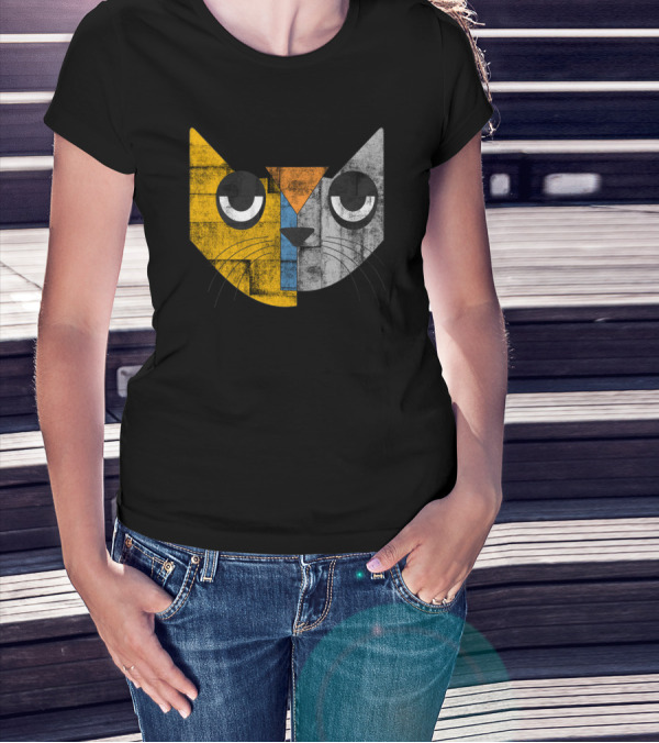 Cubicat Tired Geometric Cat Face With Color Blocks And Whiskers T-Shirt