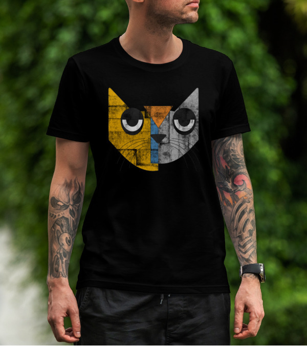 Cubicat Tired Geometric Cat Face With Color Blocks And Whiskers T-Shirt