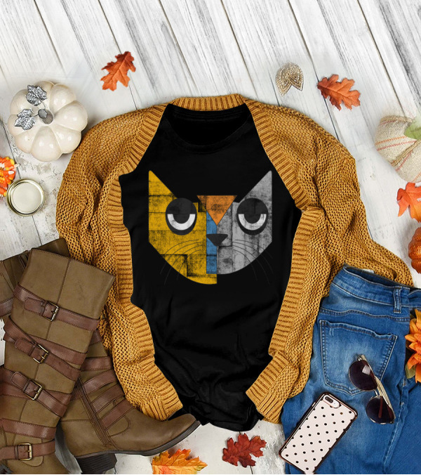 Cubicat Tired Geometric Cat Face With Color Blocks And Whiskers T-Shirt