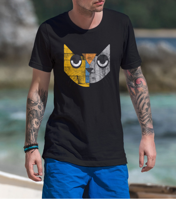 Cubicat Tired Geometric Cat Face With Color Blocks And Whiskers T-Shirt